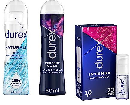 Durex Gleitgel Ausprobierpaket für Sie und Ihn (Play Perfect Glide 50ml, Naturals Extra Feuchtigkeitsspendend 50ml, Durex Intense Orgasmic Gel 10ml) 3er Pack