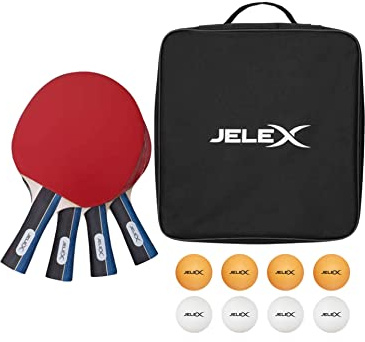 JELEX Sidespin 4er-Set Tischtennis Schläger aus Holz, mit unterschiedlich gefärbter Vorder- und Rückhandfläche, mit 8 Bällen in Weiß und Orange, inkl. Aufbewahrungstasche. Für Kinder und Erwachsene