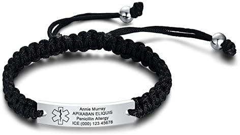 FLHEART Personalisierte Medizinisches Armband Damen - Gravur Handgefertigt Einstellbare GeflochteneSeil Notfall Identifikation Armband für Frauen Männer Jugendlich, Individuell Medizinische Armbänder
