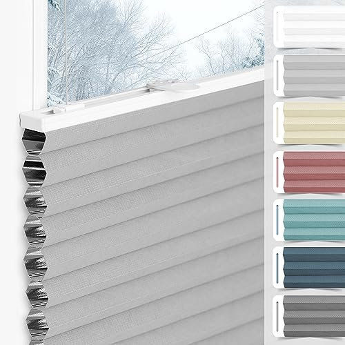 bobodeco Wabenplissee Plissee ohne Bohren Verdunkelung Klemmfix Thermo Verdunklungsplissee, Hellgrau-Weiß 80x120 cm(BxH), 100% Verdunkelnd & Sicht- & Schallschutz, Wärmeisolierung für Fenster & Tür