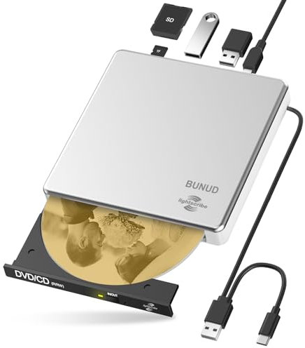 External CD DVD Drive, USB 3.0 & Type-C Lightscribe DVD Burner for PC DVD Reader with SD/TF Slot and 2 USB, Slim Optical External Drive for Mac Laptop MacBook Pro Air Windows iMac