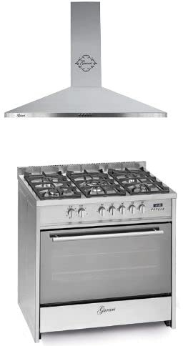 GURARI Gas-Standherd GCH G 910 X +GCH 147 IS 9 Dunstabzugshaube 90 cm, in Edelstahl, 1000m³/h, Edelstahl Schwarz Glas,1000m³/h, Gas Standherd 90 cm/Range Coocker / 111L / Unterhitze/Drehspieß