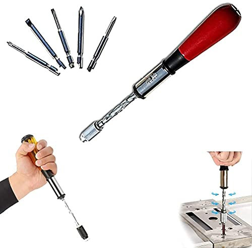 Tournevis à Cliquet Push-Pull, Tournevis à Cliquet en Spirale à Réglage Semi-Automatique avec 5 Têtes Remplaçables, Barre en Spirale, Pratique pour Le Stockage des Embouts (RED1)