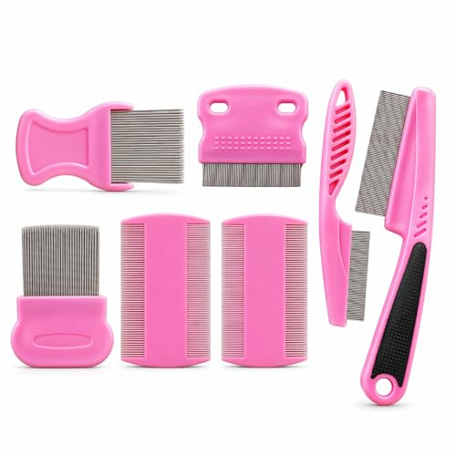 Flea Comb 7 Pieces Set for Cats and Dogs to Kill Fleas and Eggs, Kitten Comb Stainless Steel Lice and Tick Combs for Cats (Pink Colour) (Flea Comb)