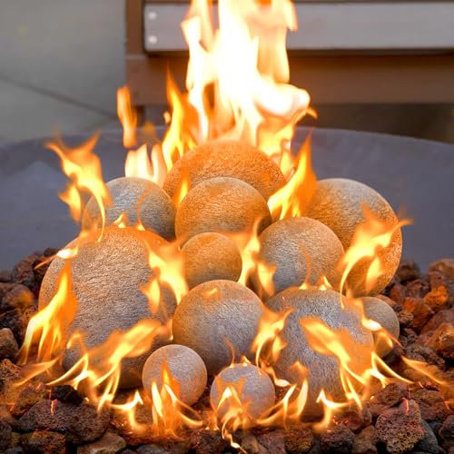 Sasylvia Paquete de 12 bolas de cerámica para hoguera, mezcla de 4 tamaños de bolas de chimenea, piedras redondas para fuego, accesorio moderno para chimenea de gas interior y exterior (gris)