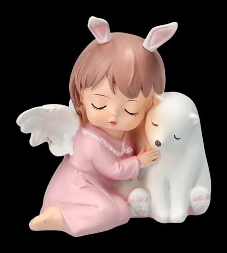 Figuren Shop GmbH Zauberhafte Engel-Figur: Schlafendes Engelchen und Eisbär, 8 cm, Rosa, Putte, Cherubim, Fantasy, Deko
