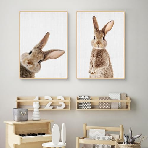 Qeuufieu 2er Moderne Poster Set Kinderzimmer Deko Hase Bilder Leinwand Bild Wandkunst, Rustikale Stil Wandbilder für Wohnzimmer,Schlafzimmer Ostern Deko,ohne Rahmen