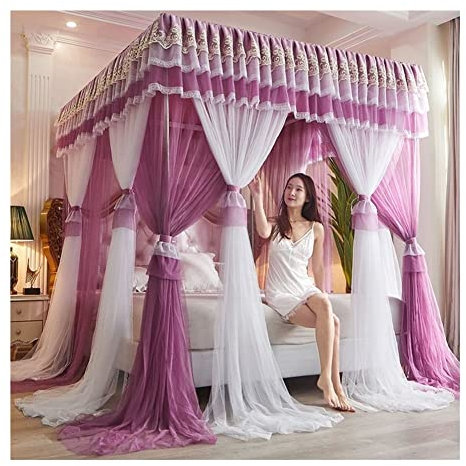 4 Ecken Pfosten-Himmelbett-Vorhang, Prinzessin, bestickte Spitze, Rüschen, Betthimmel, Betthimmel-Vorhang für Mädchen und Erwachsene, Doppellagiges, transparentes Netz-Moskitonetz