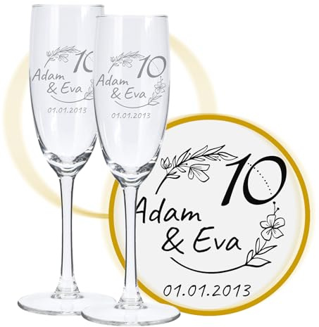 LALALO Sektglas Blütenträume mit Gravur, Rosenhochzeit 10. Hochzeitstag 10. Jahrestag Hochzeitsjubiläum, personalisiert mit Namen Wunschtext Datum, Champagnerglas Geschenk für Paar Ehepaar