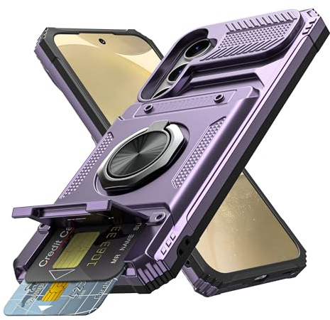 Coolden for Samsung S24 Case with Card Holder [Max 2 Cards] Ring Kickstand Shockproof Military Grade Heavy Duty Protective Cases Wallet Phone Cover for Samsung Galaxy S24 Case-Purple