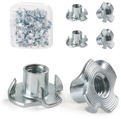 FOMGIIN Dadi a T M5 X 8 mm, 50 Pezzi Acciaio Zincato T Dado, Filettato Dadi a Griffe Dadi con 4 Griffe Legno Inserti per il Fissaggio di Parti di Mobili Dado con Griffe Manicotti da