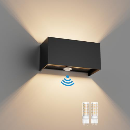 Klighten 18W Außenwandleuchte mit Bewegungsmelder Innen/Außen 3000K Außenlampe mit Bewegungsmelder Wandlampe Einstellbar Abstrahlwinkel, mit Austauschbarer G9 LED Lampe (Schwarz)