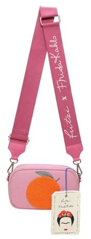 Fritzi x Frida Kahlo Easy Go Canvas Crossbody Bag Damen Umhängetasche Handtasche Freizeit Alltag Festival Reißverschluss Canvas 12 x 19.5 x 7.5 cm – Violett, Gelb, Lila, Orange, Grün, Pink, Blau