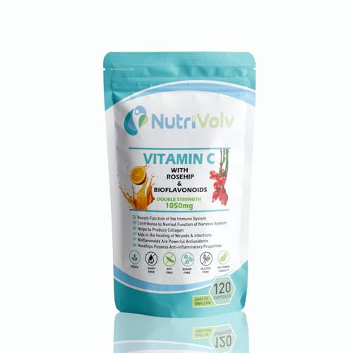 Nutrivolv Vitamin C, Rosehip & Bioflavonoids 1050mg | Vegan Capsules | Joint, Bone & Cartilage Support | Antioxidant for Inflammation & Pain Relief | Immune Support (120 Capsules)