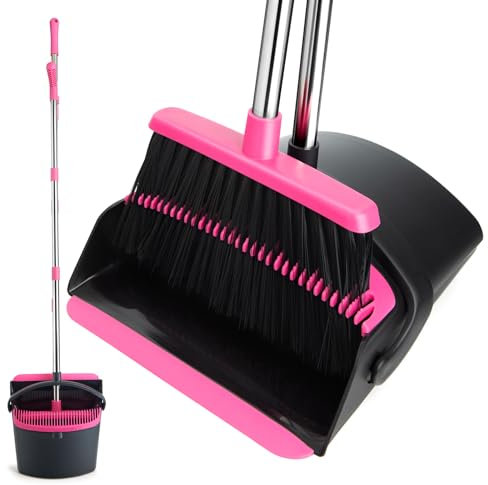 XXFLOWER Dustpan and Brush Set Long Handled, Household Dust pan with Comb Teeth, 51.2 Inch Broom and Dustpan Set with Smooth Rubber Lip for Indoor Office Home Kitchen Lobby (Black Pink)
