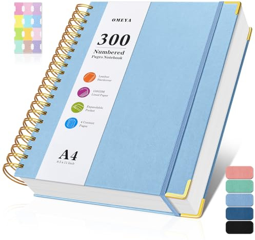 A4 Notebook, Lined Notebook with 300 Numbered Pages, 100GSM Thick Notepad, Hardback Leather Spiral Journals Notebook for Women Men, Waterproof & Large Notebooks for Work Office School, 21.5 x 27.9cm