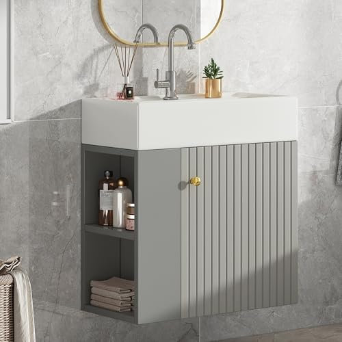 Mobile Bagno con Lavabo, Lavandino Bagno con Mobiletto, Mobiletto da Bagno, Mobili Bagno Sospesi con Lavandino, con 1 Anta e 2 Scomparti Aperti, Mobili Bagno Moderno, Bianco/Grigio, 55x31x66,5 cm