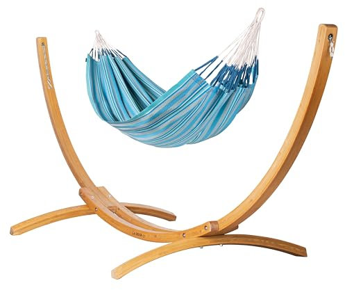 LA SIESTA® Modesta Bio-Baumwoll Hängematte & Holzgestell, Outdoor Indoor Hängematte mit Gestell aus Holz, Hängemattengestell für Balkon Garten Terrasse - Kingsize Hängematte mit Gestell - Azure