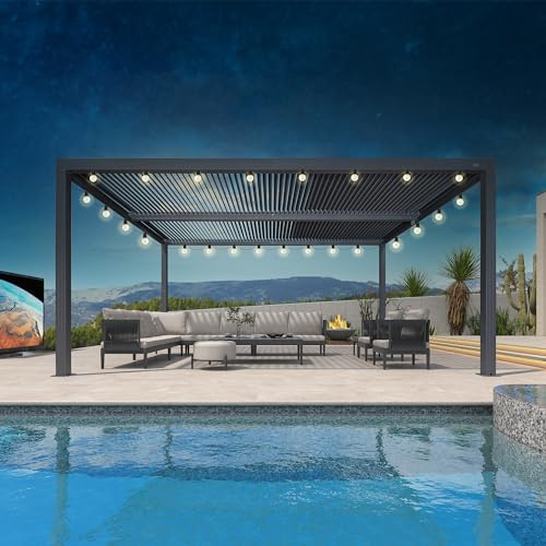 PURPLE LEAF Pergola Bioclimática con guirnalda luminosa exterior, 4,8 x 3 m, Pérgola de aluminio, hojas orientables, superficie de 14,4 m², cenador de jardín, exterior, terraza exterior, gris