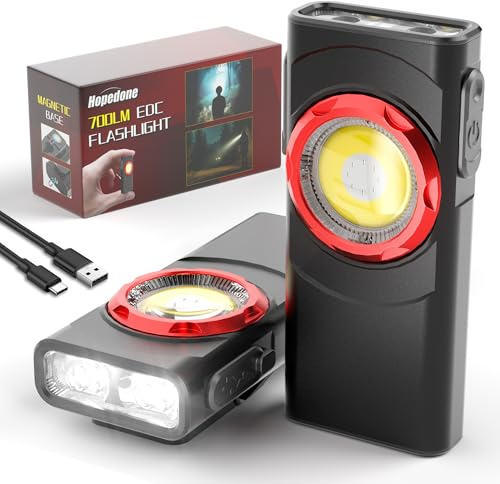 Hopedone Clip-On Light Rechargeable, 700 Lumens Flat EDC Flashlight with Clip & Magnetic Base, 9 Modes Dual Light Sources, USB-C Pocket Light for Work, Inspection, Camping, Emergency