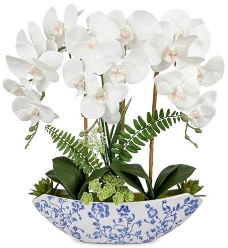 Oairse Kunstpflanze Orchideen Künstliche Deko Blumen Kunstblumen Wie Echt Mit Real-Touch Blüten im Weißer und Blauer Keramikvase Tischdeko Fensterbank Deko, Höhe 46cm