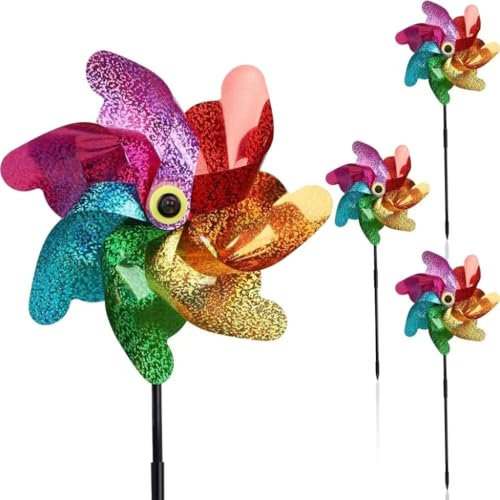 hardinox 4 Pcs Holographic Reflective Windmill Bird Scarer Set - Rotating Deterrent for Pigeons, Seagulls & Pest Birds. Garden, Patio & Farm Bird Repellent with Flash Effect