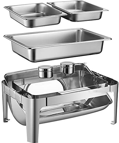 MYUYEE 9-Liter-Chafing Dishes in voller Größe aus Edelstahl mit Rolldeckel Chafing Dish und Buffetwärmer-Set mit 2 Arten von Warmhalteplatten Brennstoffbehältern und,