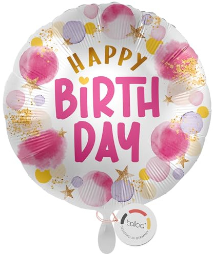 balloa Folienballon Happy Birthday, runder Helium Ballon als Geschenk zum Geburtstag für Mädchen, rosa Partydeko mit Goldschrift für Geburtstagsfeier, befüllbar mit Luft oder Helium, 33cm