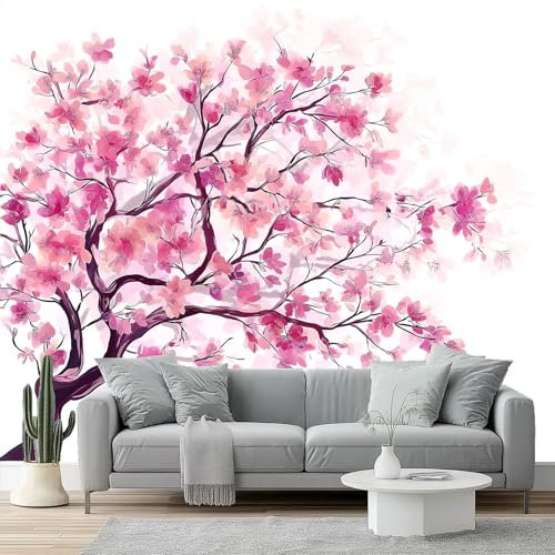 Carta da Parati 200 x 140 cm Acquerello Piante Fiori Albero Petali Poster Giganti da Parati Sfondo Murale Fotografica per Soggiorno Camera Ristorante Camera dei Bambini Decorazione, Rosa Bianco