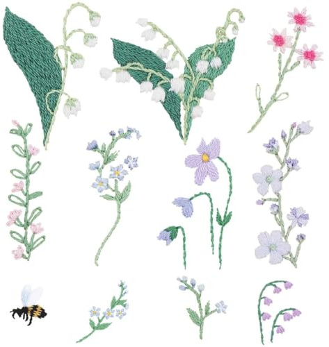Stick & Stitch Packung, Blumen, bunt, 21 Stk., inkl. wasserlöslicher, bedruckter Stickvorlage, Stickgarn, Sticknadel und Anleitung