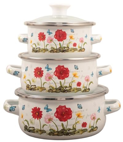 Milageto 3 pezzi di pentola smaltata con coperchio, pentola smaltata, pentole a doppio manico, design vintage, pentole per zuppa, per cucina, sala da pranzo, Fiore Rosso