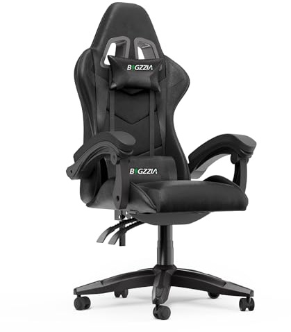 Racingreat PC Gaming Stuhl mit Kopfstütze und Lendenkissen (Schwarz) | PU-Leder, Memory-Schaum, 90°–135° Neigungswinkel und Höhenverstellbar, Junge Erwachsene Gamer Büro Pause Familien