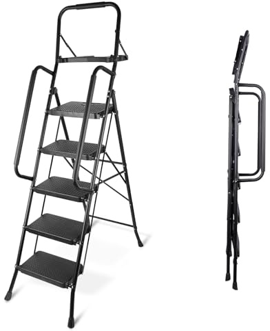 5-Step Heavy Duty Folding Ladder, 150kg/330lb Capacity with Handrail, Tool Tray, Anti-Slip Wide Steps and Rubber Feet, Durable Steel for Professional and Home Use