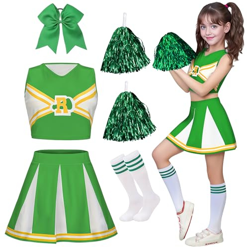 XFOZDM Deguisement Pompom Girl Enfant Deguisement Cheerleader Fille Costume Pom Pom Girl Fille Tenue de Pompom Uniforme avec Bandeau Pompons et Chaussettes pour Carnaval Halloween Fête Vert 160