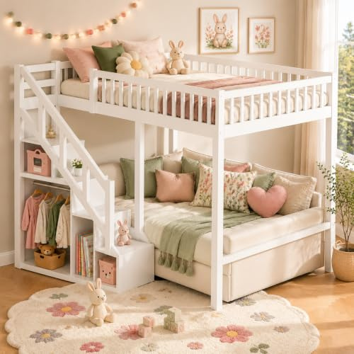 Etagenbett 90x200 mit Stauraum, Kinderbett mit Rausfallschutz Hochbett mit Treppe Stockbett Einzelbett Funktionsbett mit Schrank Kinderhochbett Jugendhochbett mit Lattenrost, ohne Matratze (Weiß)