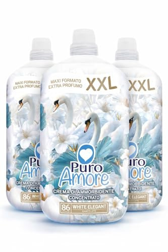 Puro Amore crema di ammorbidente concentrato bianco latte – profumo intenso e raffinato – maxi formato XXL – 86 lavaggi per bottiglia – extra profumo – formato convenienza 3 o 6 bottiglie (3)
