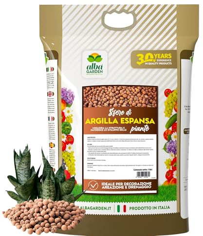 Albagarden - Argilla Espansa per Piante in Vaso E Giardino - 5 Litri - Sfere per Piante in Argilla per Drenaggio - Prodotto Inerte per Idrocoltura E Idroponica - Sfere di 8-16 mm