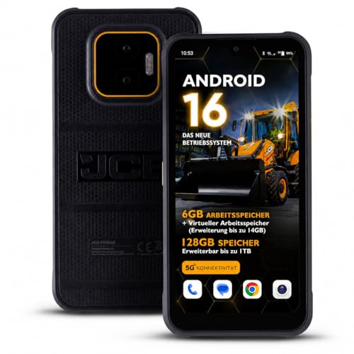 JCB Toughphone E50 Teléfono Rugerizado 5G Android 16 | Smartphone Resistente al Agua y Golpes IP68/IP69K, 6GB RAM 128GB, Cámara 50MP, NFC, Batería 5000mAh, Carga Rápida e Inalámbrica, Dual SIM + eSIM