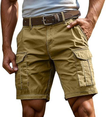 Short Homme Cargo Décontracté Coupe Ample Uni Poches Bermuda Cargo Latérales Fonctionnelles Fermeture Bouton Passants Ceinture Port Quotidien Loisirs Voyage Short De Sport Randonnée Casual
