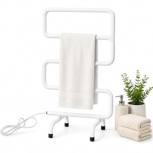 Scaldasalviette Elettrico Curvato per Bagno, da Parete e a Terra, Porta Asciugamani Riscaldato a Forma di S, Acciaio Inossidabile, Temperatura Costante di 55℃ White
