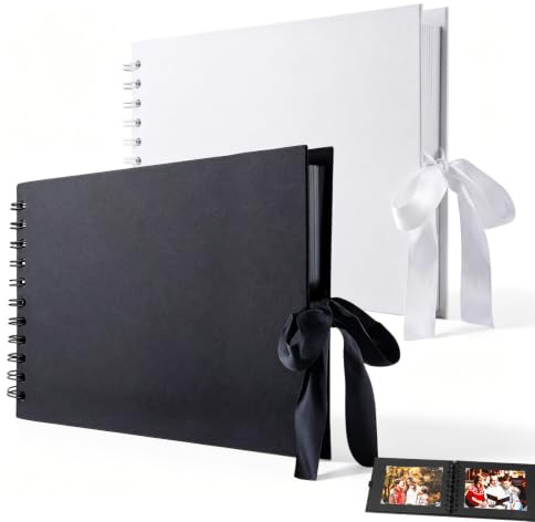 2 PCS Small Scrapbook Photo Album, a5 DIY Scrap Book 30 Pages Memory Book | Spiral 30-page Thick Kraft Paper 230gsm Accordion Fold Out Built in Photo Corners for Anniversary Wedding White and Black