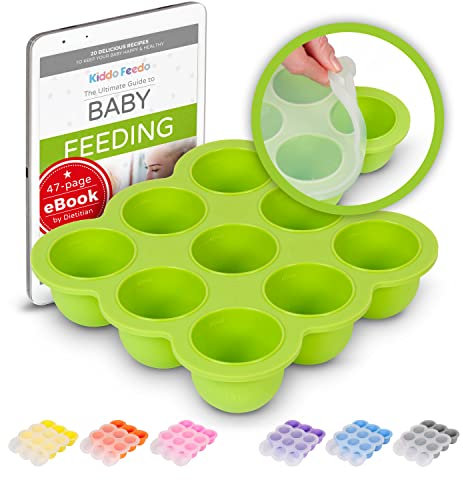 KIDDO FEEDO Silikon Babynahrung Aufbewahrung Behälter Zum Einfrieren Babybrei mit Silikondeckel - BPA-frei - 9 x 75ml - Gratis eBook mit Rezepten und Ernährungstipps - Grün