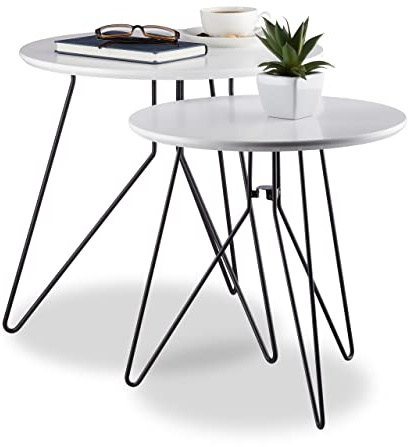 Relaxdays Beistelltisch 2er-Set, runde Satztische mit Metallgestell, Ablagetische, Tischplatte 40 u. 48 cm, weiß/schwarz