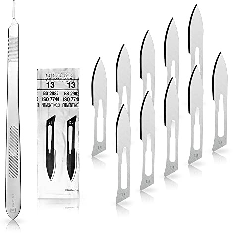 Set - 10 Stück Skalpellklingen Figur 13 aus Karbonstahl - Ersatzklingen einzeln steril verpackt + 1x May - Skalpell-Halter - 21 cm lang - Edelstahl | Großes Profiwerkzeug für Hobby und Kosmetik. Optimal für tiefe Arbeitsbereiche.