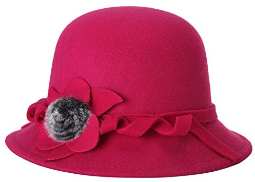 Vintage Glocke Fischerhut mit Blume faltbar Filz Kirche Bowler Hut, 2-Rose Red, Einheitsgröße