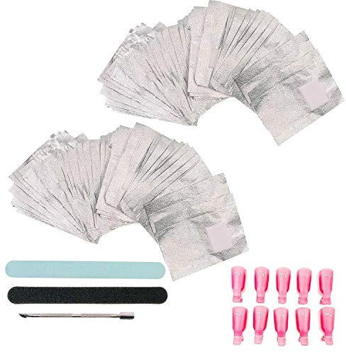JZK 200 x Aluminium Folie Remover Gel Pads mit Wattepads zum entfernen normal/Gel-Nagellack, Nagelclips, Nagelfeile und Nagelfeile mit Pufferseite, Nagelhautschieber, Set Gel Nail Polish Remover