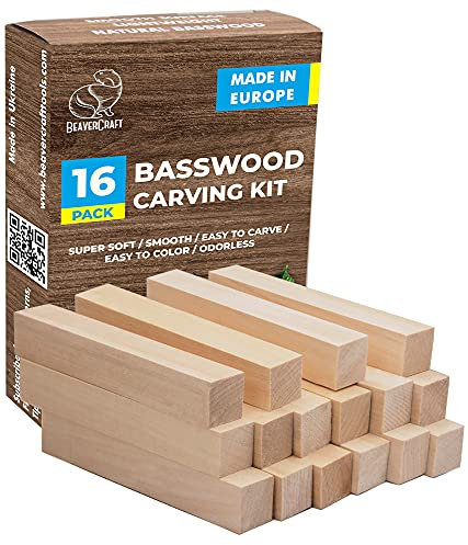 BeaverCraft Basswood Carving Blocks BW16 pcs - Soft Whittling Wood Carving Kit for Beginners - Unfinished Wooden Block Set - Basswood for Crafts
