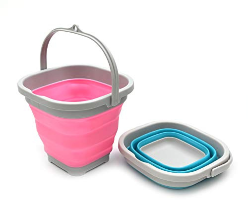 SAMMART 2,6L Super Mini quadratischer zusammenklappbarer Plastikeimer - Faltbare quadratische Wanne - tragbarer Angelwassereimer - platzsparender Wassertopf im Freien (Pink + Hellblau)