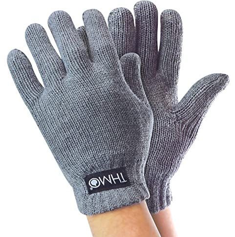 THMO Childrens Thinsulate Gloves for Winter Boys & Girls Knitted Thermal Full Finger Gloves for Kids (8-9 Years, Grey)