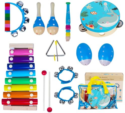Wooden Musical Instruments Set for Toddlers 1-3, Natural Wood Percussion Instruments Xylophone Gift Set for Girls Boys Kids ,Preschool Educational Musical Toys with Storage Bag